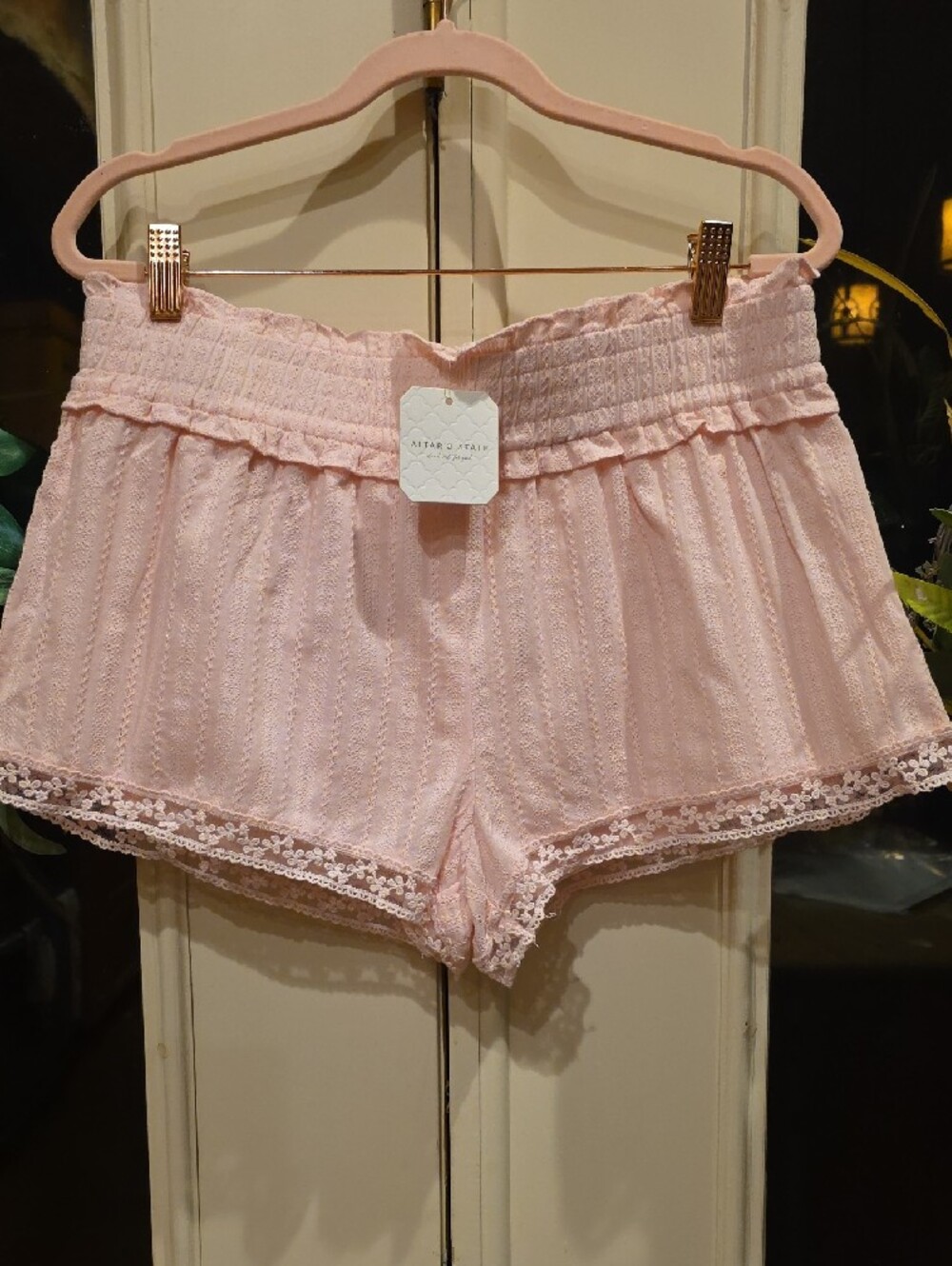 Altar'd State Clarke Lace Trim Shorts in light pink. - Picture 2 of 5